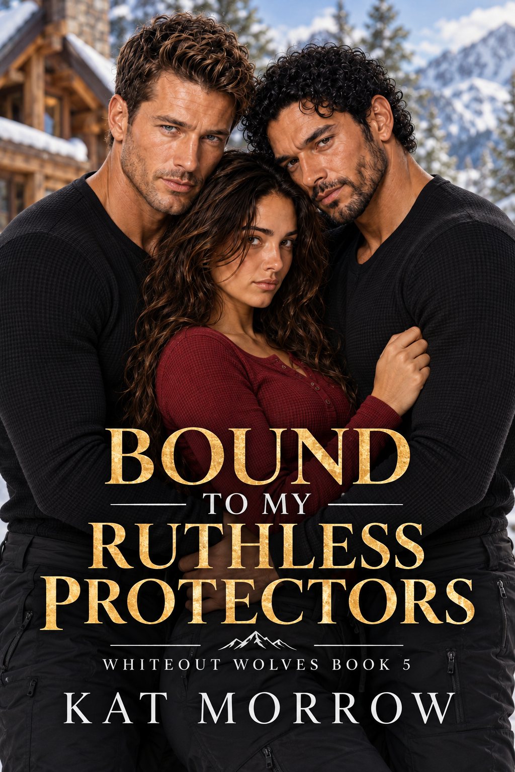 Book cover for Bound To My Ruthless Protectors by Kat Morrow, showing a woman between two men in a snowy mountain landscape.