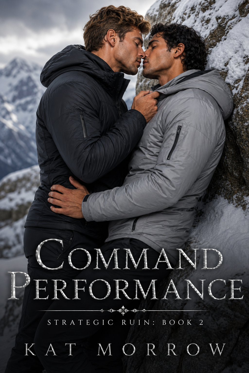 Book cover for Command Performance by Kat Morrow, showing two men in winter jackets near a snowy mountain cliff.