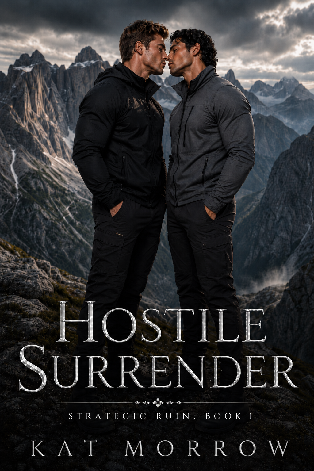 Book cover for Hostile Surrender by Kat Morrow, showing two men in dark tactical clothing facing each other in a rugged mountain landscape.