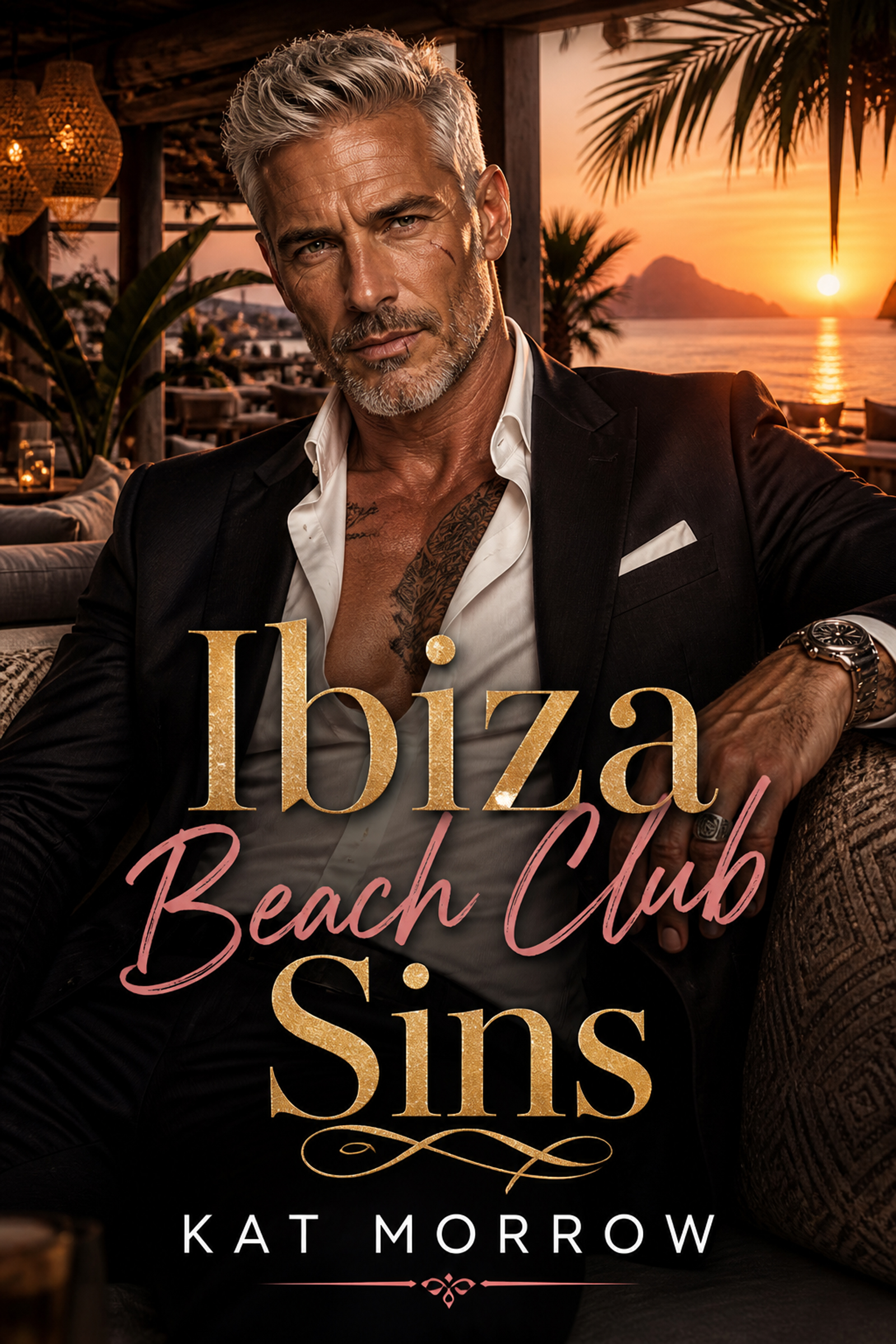 Book cover for Ibiza Beach Club Sins by Kat Morrow, showing a silver-haired man in a suit at sunset by the sea.
