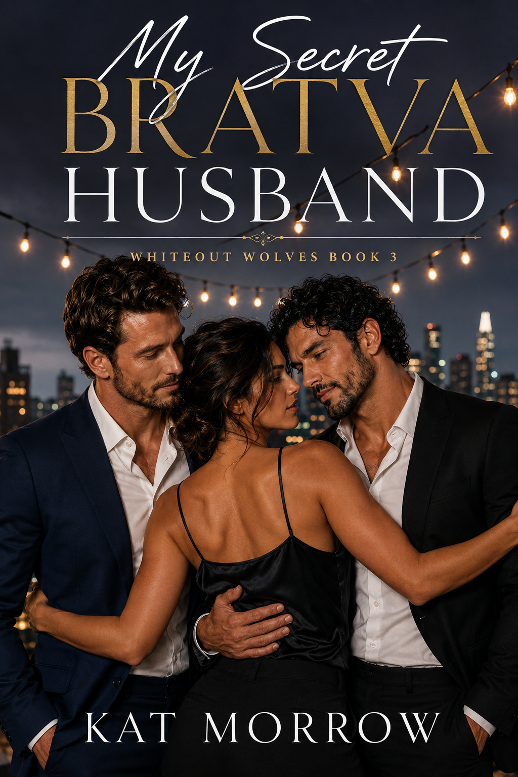 Book cover for My Secret Bratva Husband by Kat Morrow, showing a woman between two men on a city terrace at sunset.