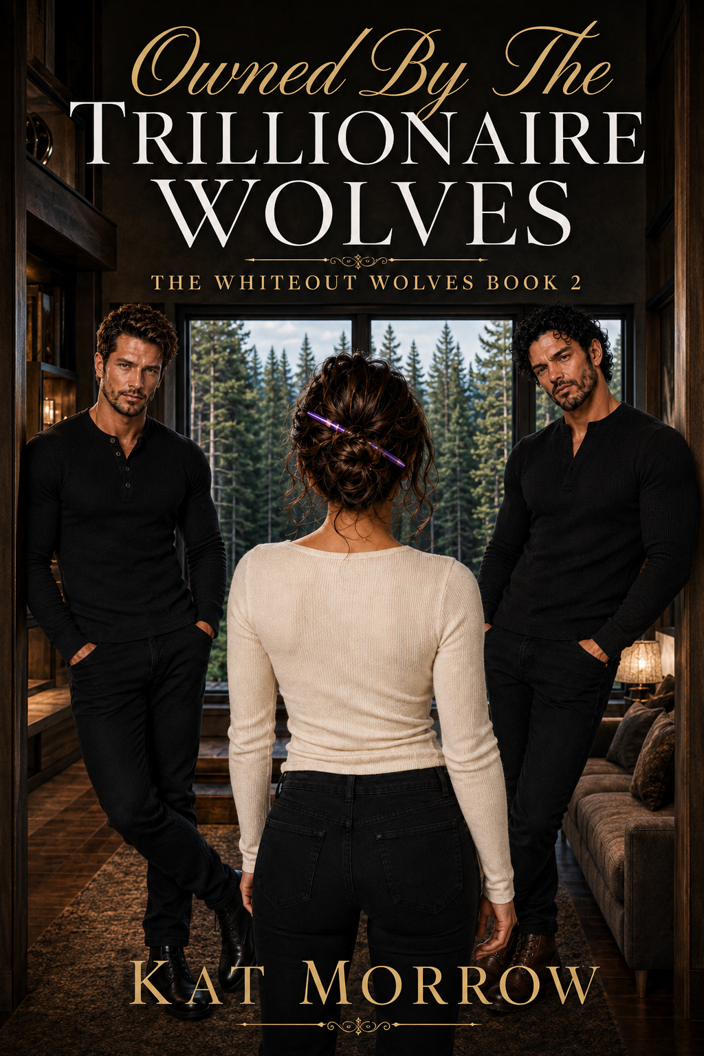 Book cover for Owned By The Trillionaire Wolves by Kat Morrow, showing a woman facing two men in a modern lodge.