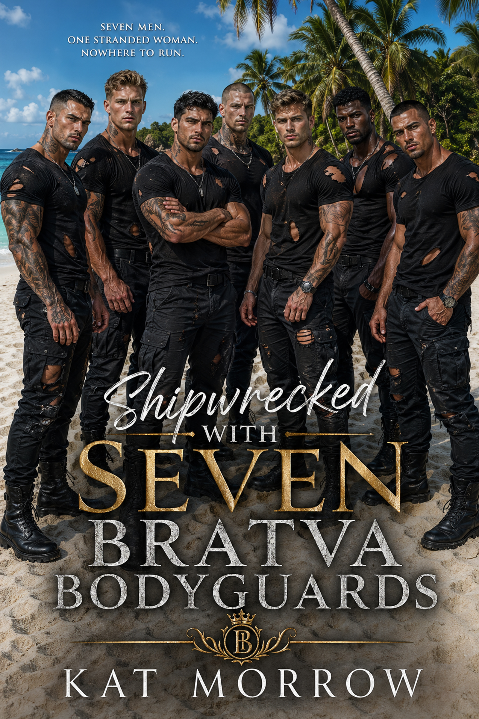 Book cover for Shipwrecked With Seven Bratva Bodyguards by Kat Morrow, showing seven men in black on a tropical beach.