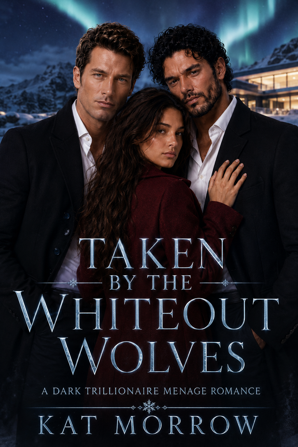 Book cover for Taken By The Whiteout Wolves by Kat Morrow, showing two men in black coats before snowy mountains, northern lights, and a modern lodge.