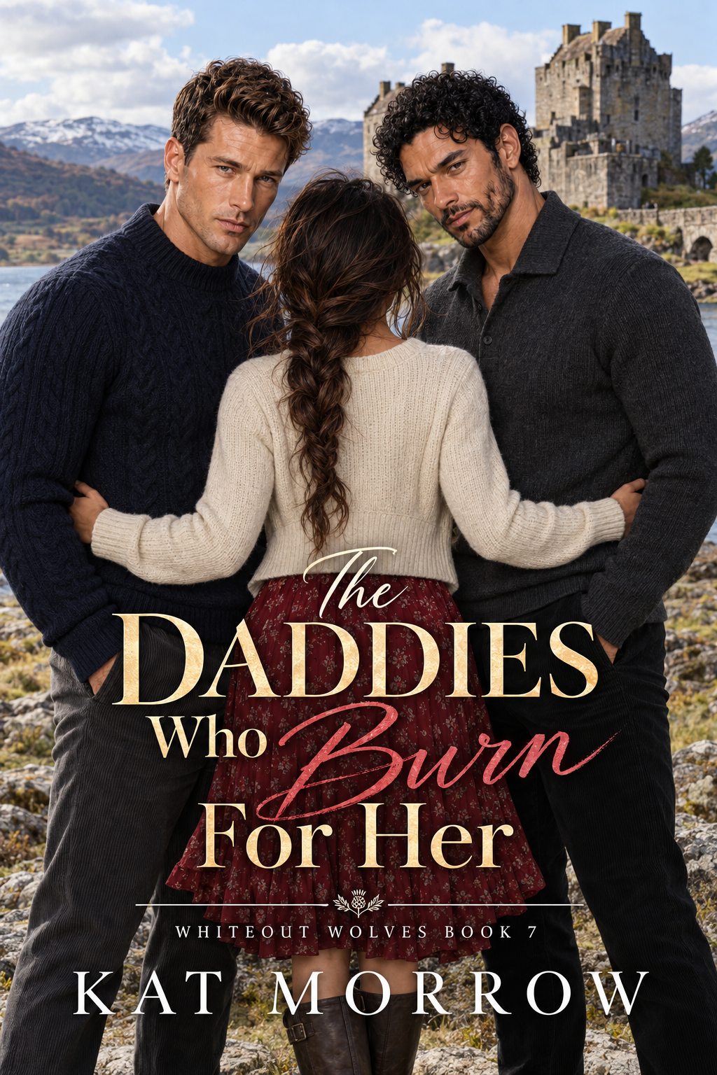 Book cover for The Daddies Who Burn For Her by Kat Morrow, showing a woman between two men near a castle and mountains.