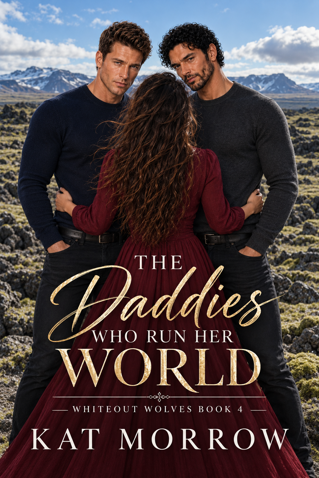 Book cover for The Daddies Who Run Her World by Kat Morrow, showing a woman in a red velvet dress between two men in a rugged mountain landscape.