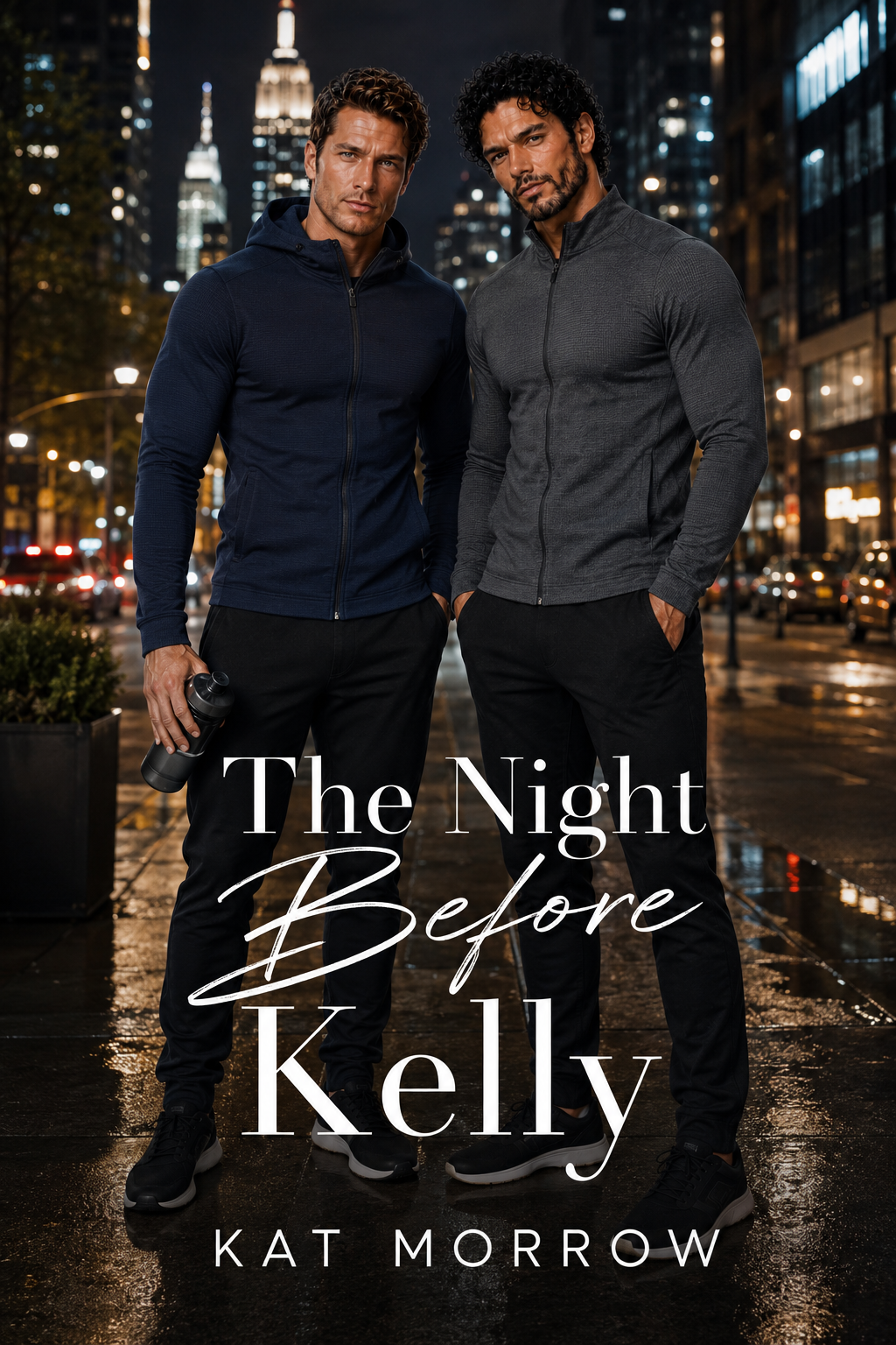 Book cover for The Night Before Kelly by Kat Morrow, showing two men on a rainy city street at night.
