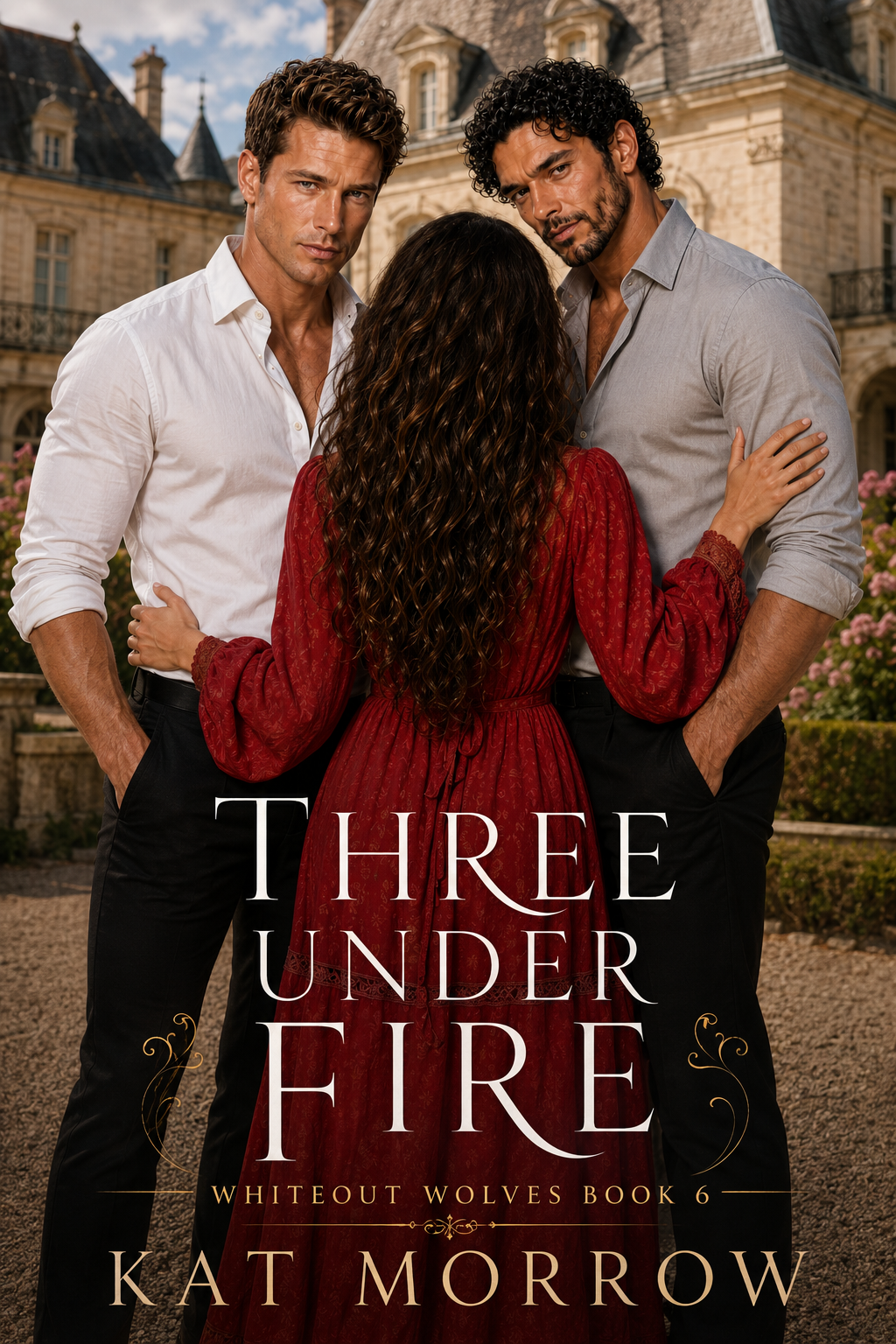 Book cover for Three Under Fire by Kat Morrow, showing a woman in a red dress between two men in front of a chateau.